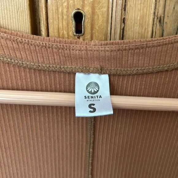 Senita Small‎ Tan Brown Cardigan Duster Ribbed Sweater Pockets Open Front - Picture 5 of 11